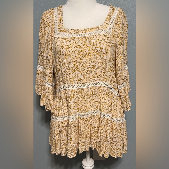 Free People Dresses & Skirts - Free People Talk About It Tunic Ivory Gold Boho Floral Tiered Flowy Petite Small